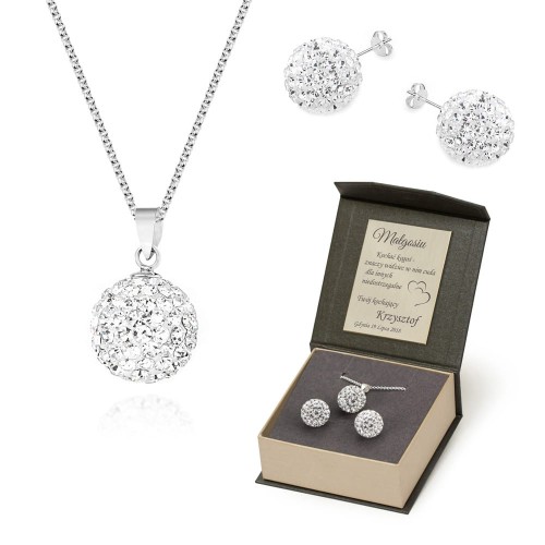 Komplet biżuterii srebrnej shamballa Swarovski kolczyki zawieszka łańcuszek