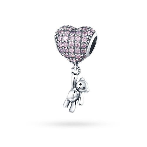 Srebrna zawieszka wisiorek serce z różowych cyrkonii przywieszka miś Charms Z542-925-R marko