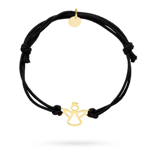 Pozłacana bransoletka na czarnym sznurku aniołek Animo