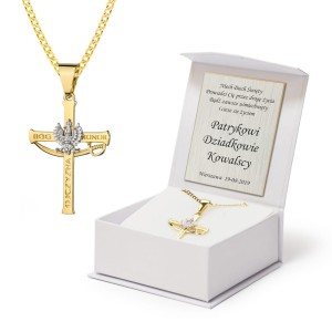 Złoty komplet krzyżyk patriotyczny orzeł szabla na łańcuszku pancerka