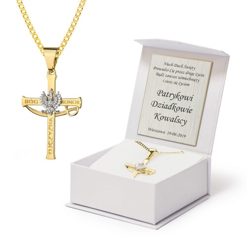 Złoty komplet krzyżyk patriotyczny orzeł szabla na łańcuszku pancerka 50cm D321-585-L005-50 marko