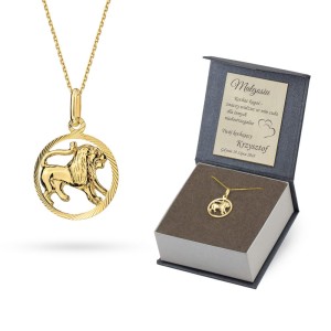 Złoty wisiorek zdobiona zawieszka na łańcuszku naszyjnik Lew Zodiak
