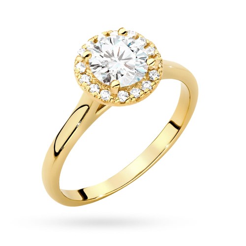 Pierścionek z żółtego złota Halo Ring brylant 0,70ct i kamienie boczne Dynastia