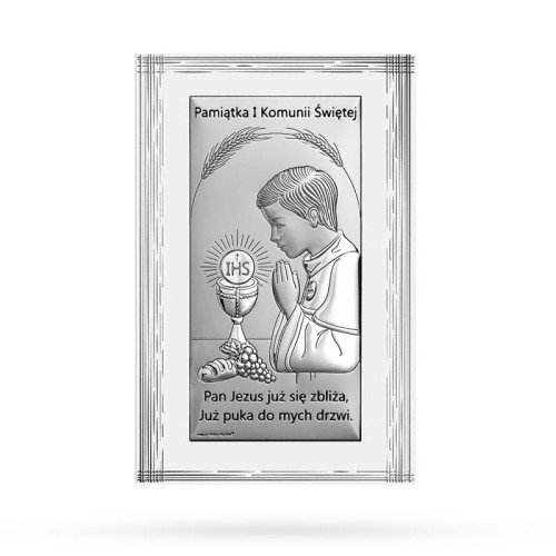 Obrazek na pamiątkę I Komunii Św. z chłopczykiem, prostokątny na białym panelu