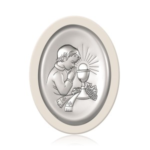 Obrazek na pamiątkę I Komunii Św. z chłopczykiem, owalny na białym drewienku
