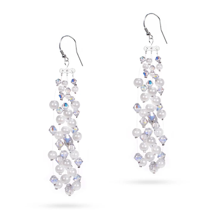 Okazałe kolczyki wiszące na żyłkach perły i kryształy Swarovski