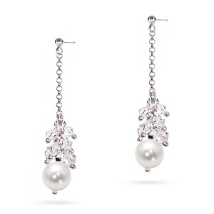 Długie kolczyki ślubne na srebrnym łańcuszku perły kryształy Swarovski