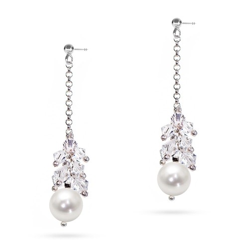 Długie kolczyki ślubne na srebrnym łańcuszku perły kryształy Swarovski