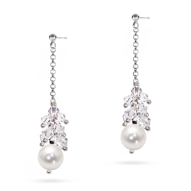 Długie kolczyki ślubne na srebrnym łańcuszku perły kryształy Swarovski KW083 marko