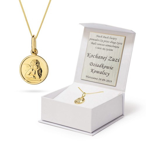 Złoty komplet łańcuszek z medalikiem aniołek prezent na chrzest komunię 585 D046-585-L034 marko