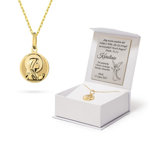 Złoty komplet łańcuszek z medalikiem prezent na chrzest komunie