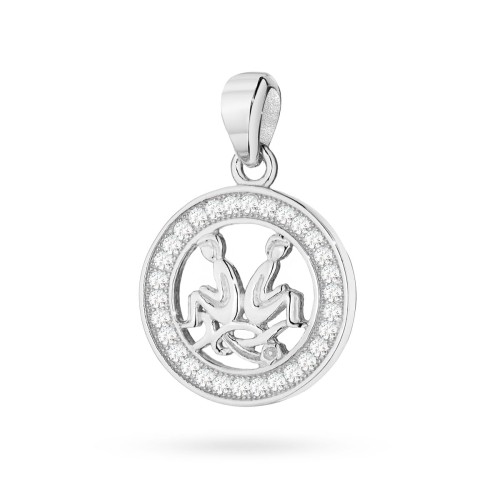 Srebrny wisiorek znak zodiaku w kole Bliźnięta cyrkonie