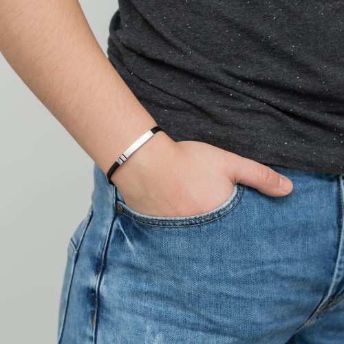 Męska bransoletka skórzana czarna z blaszką pod grawer