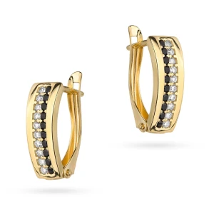 Złote kolczyki z czarnymi i białymi cyrkoniami zapięcie angielskie