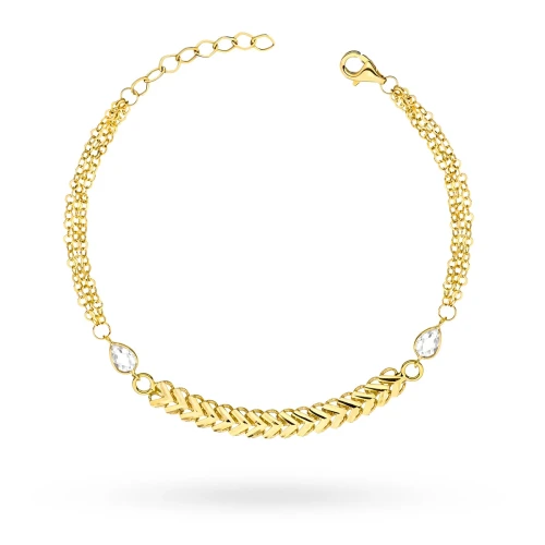 Złota bransoletka z segmentów jodełka podwójny łańcuszek cyrkonie łezki