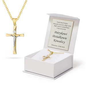 Złoty komplet dwukolorowy krzyżyk Jezus Chrystus łańcuszek pancerka