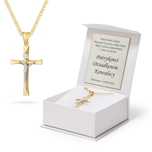 Złoty komplet dwukolorowy krzyżyk Jezus Chrystus łańcuszek pancerka
