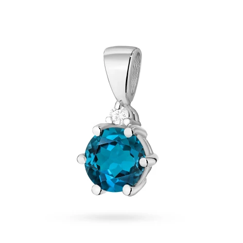 Zawieszka z białego złota z brylantem i okrągłym topazem london blue 585