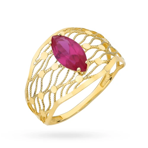 Szeroki ażurowy złoty pierścionek retro rubinowa cyrkonia markiza Farve  AP127-585-C marko