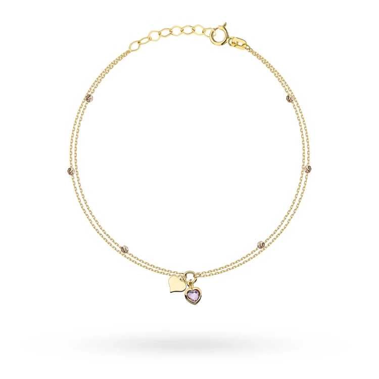 Złota bransoletka serce z ametystem diamentowane kulki Virino B-GW-425-585 marko