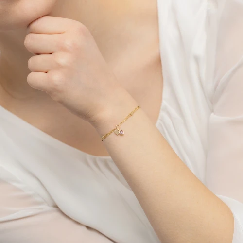 Złota bransoletka serce z ametystem diamentowane kulki Virino B-GW-425-585 marko