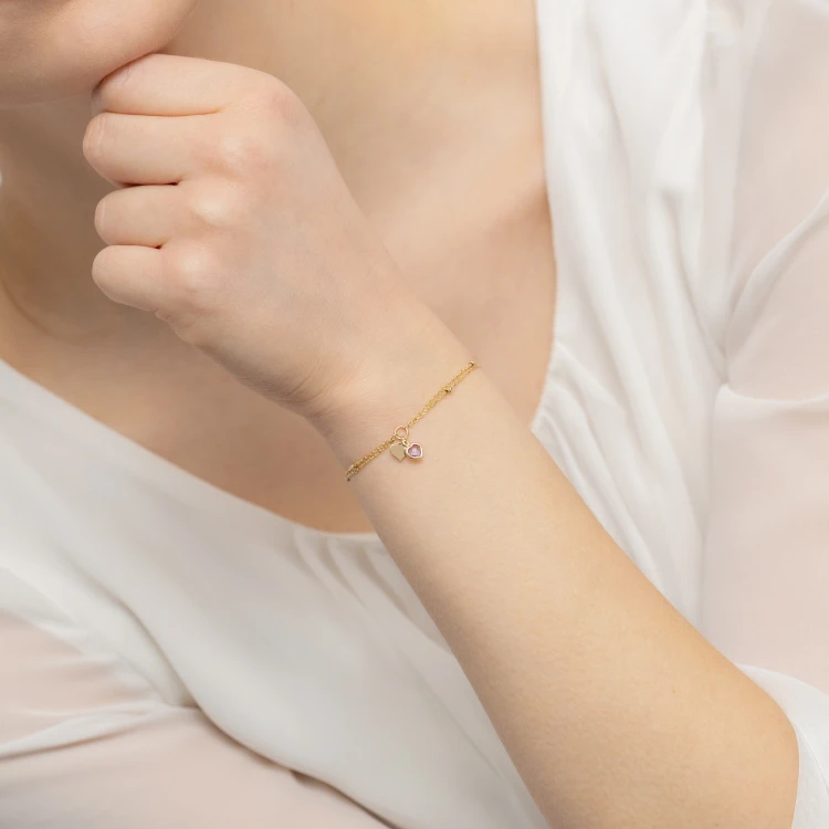 Złota bransoletka serce z ametystem diamentowane kulki Virino B-GW-425-585 marko