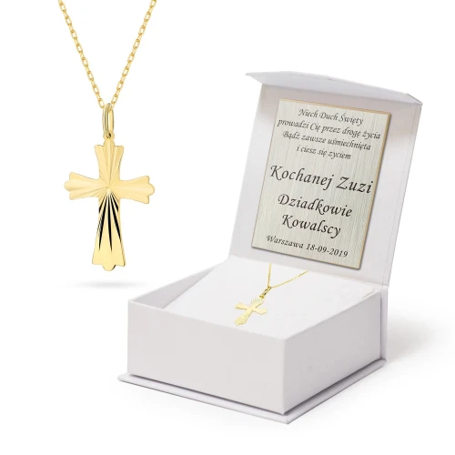 Złoty komplet krzyżyk diamentowany na łańcuszku ankier Komunia Chrzest