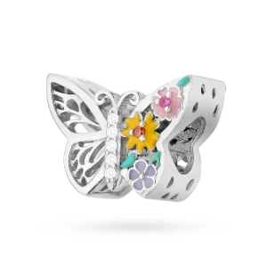 Srebrna zawieszka ażurowy motyl kolorowe  kwiatki Charms