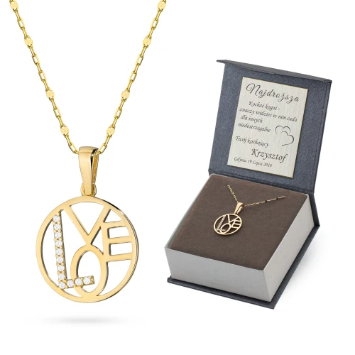 Złoty komplet wisiorek koło z napisem love cyrkonie Z238-585-B-L158 marko