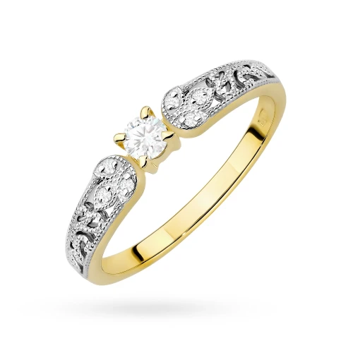 Ażurowy złoty pierścionek diamenty laboratoryjne żółte złoto Lab Diamonds