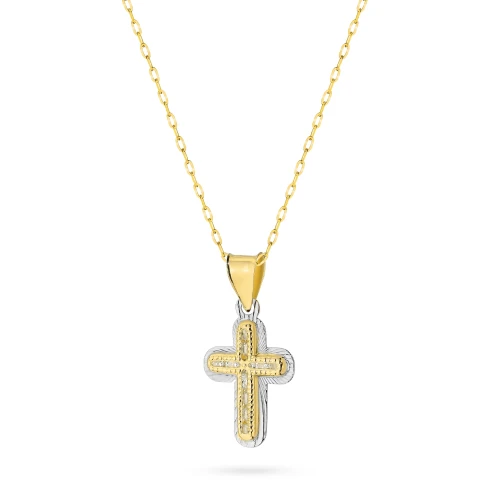 Złoty komplet krzyżyk dwukolorowy diamentowany cyrkonie z łańcuszkiem D144-585-L149 marko