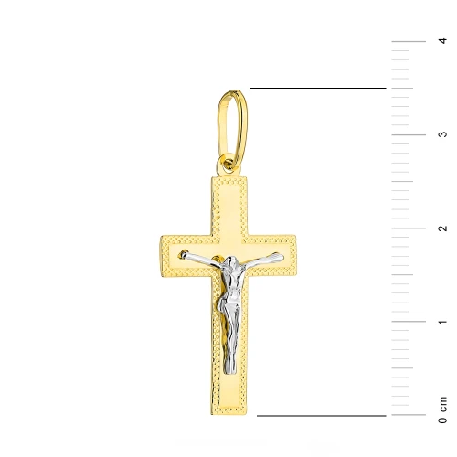 Złoty krzyż z diamentowaniem Jezus Chrystus dwukolorowe złoto