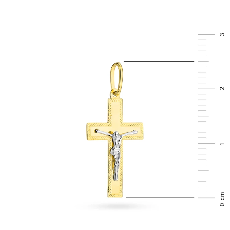 Złoty krzyżyk z diamentowaniem Jezus Chrystus dwukolorowe złoto
