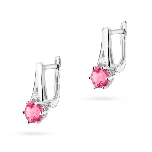 Złote kolczyki na zapięciu angielskim  Różowy Topaz 2 x 0,60ct i brylanty białe złoto