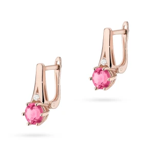 Złote kolczyki na zapięciu angielskim  Różowy Topaz 2 x 0,60ct i brylanty różowe złoto