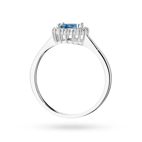 Złoty pierścionek z brylantami i topazem  London Blue 0,50ct białe złoto kwiatek Kultowa