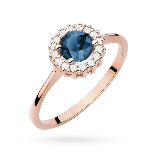 Złoty pierścionek z brylantami i topazem  London Blue 0,50ct różowe złoto kwiatek Kultowa