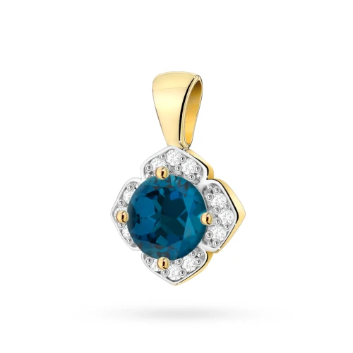 Złota zawieszka w kształcie kwiatka  brylanty i topaz London Blue żółte złoto