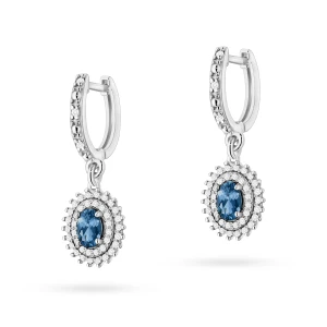 Kolczyki z białego złota długie wiszące  brylanty i topaz London Blue