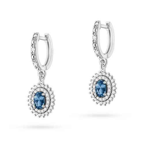 Kolczyki z białego złota długie wiszące  brylanty i topaz London Blue