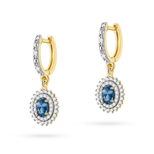 Złote kolczyki długie wiszące brylanty  i topaz London Blue