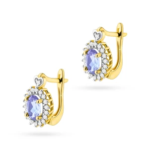 Złote kolczyki z brylantami markiza  kwiatek Tanzanit żółte złoto