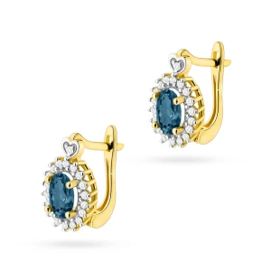 Złote kolczyki z brylantami markiza  kwiatek Topaz London Blue żółte złoto