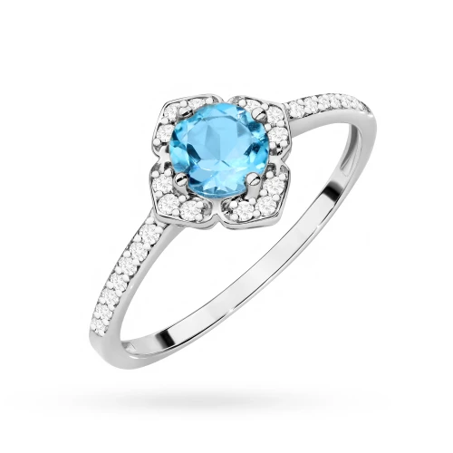 Złoty pierścionek zaręczynowy kwiatek Topaz Swiss 0,50ct i brylanty białe złoto Kultowa