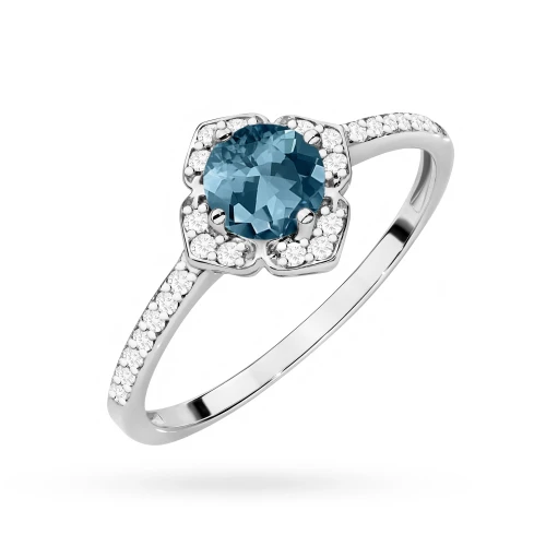 Złoty pierścionek zaręczynowy kwiatek  Topaz London Blue 0,50ct i brylanty białe złoto Kultowa