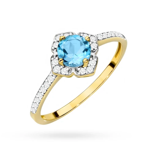 Złoty pierścionek zaręczynowy kwiatek Topaz Swiss 0,50ct i brylanty żółte złoto Kultowa