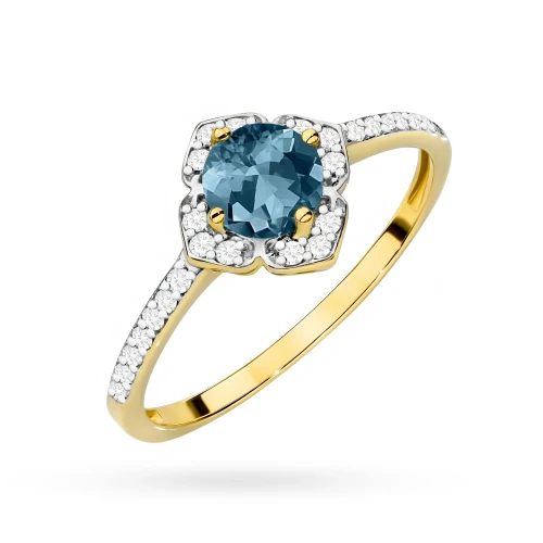 Złoty pierścionek zaręczynowy kwiatek  Topaz London Blue 0,50ct i brylanty żółte złoto Kultowa