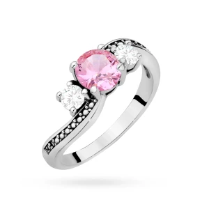 Srebrny pierścionek falowany z trzema     kamieniami różowa i białe cyrkonie Soledo