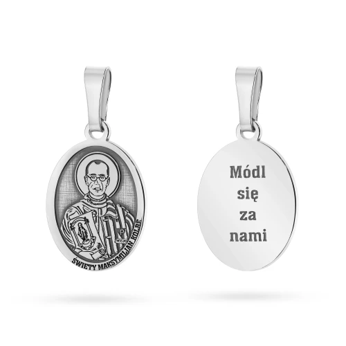 Srebrny żłobiony medalik Święty           Maksymilian Kolbe