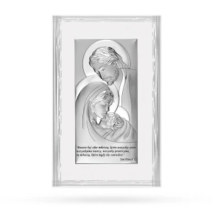 Obrazek Święta Rodzina na jasnym drewnie z dedykacją pamiątka ślubu prezent na chrzciny